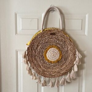 Sun N Sand Woven Straw Circle Bag Tassels  Lace Trim Boho Shells Snap Closure